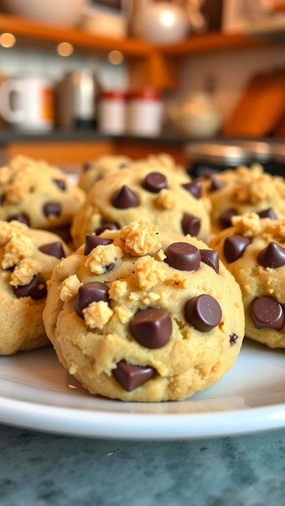 Chocolate Chip Crumble Cookies Recipe A plate of chocolate chip crumble cookies with a crunchy topping, set in a warm kitchen.